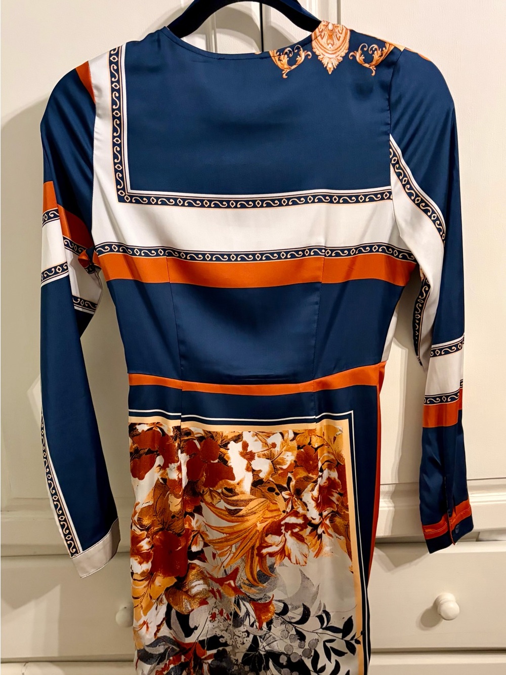 Satin Navy, Rust & Cream Twist-Front Printed Dress Small - Picture 4 of 6